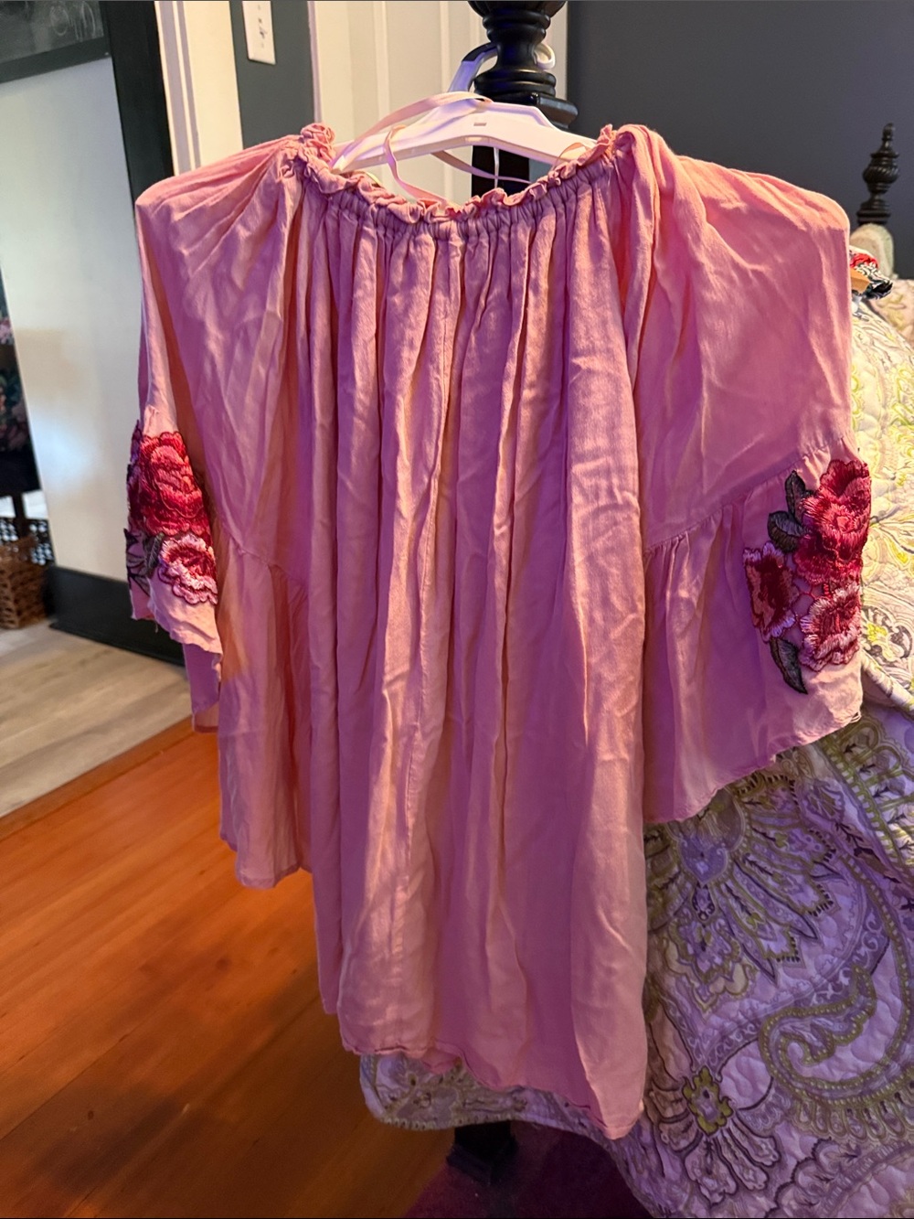 She and Sky Pink Off-Shoulder Tunic with Floral Sleeve Embroidery